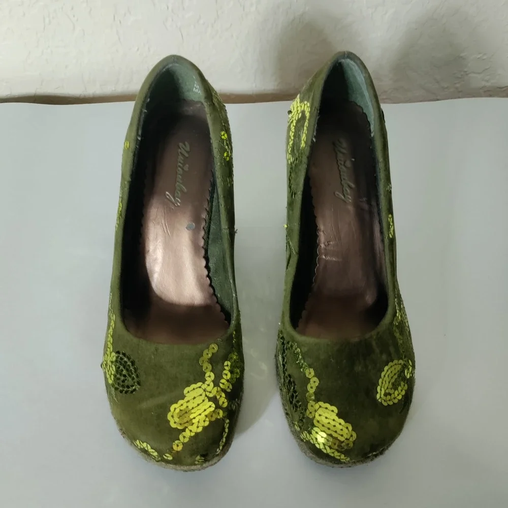 Unionbay BabyMe Olive Green Sequin Espadrille Wedge Pumps Womens 6M 6V8114